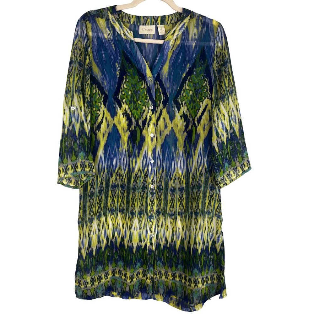 Chicos Sheer Geometric Shirt M Yellow Chevron Tunic Swim Tropical Resort‎ Preppy